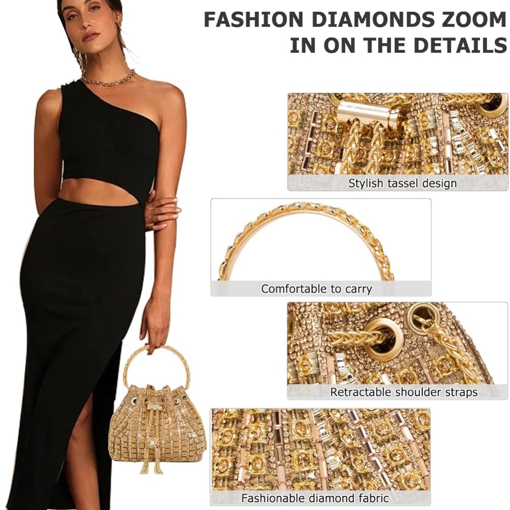 Sparkly Diamond Rhinestone Bucket Bag – Champagne Gold Evening Glam SBL Gold ❤️ - Picture 7 of 16